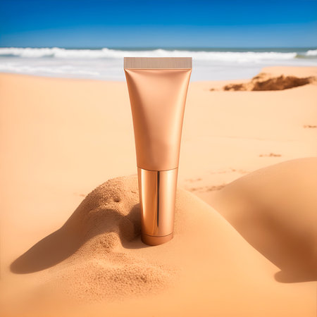 Moisturizer cream soft tube in a close up view on the sand on the seasideの素材