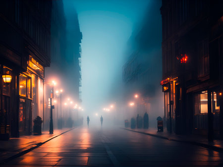 An illuminated street with fog in the sunset and people walking on itの素材