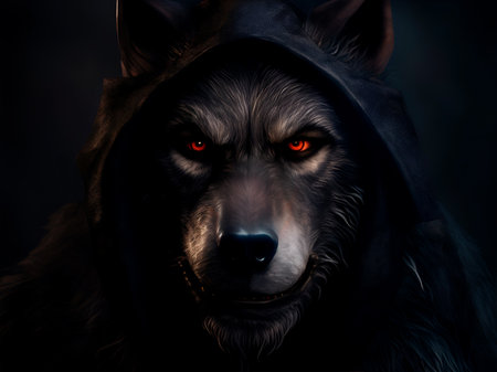 Head of a werewolf with a dark leather veil on a dark background in a close up viewの素材