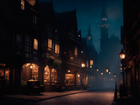 An illuminated street with fog in an old townの素材
