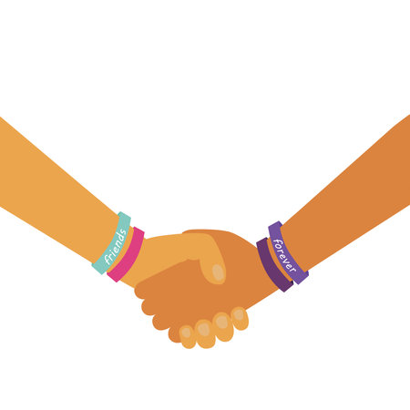 Friendship day banner with two person holding hands with colored bracelets on a white background with copy spaceのイラスト素材