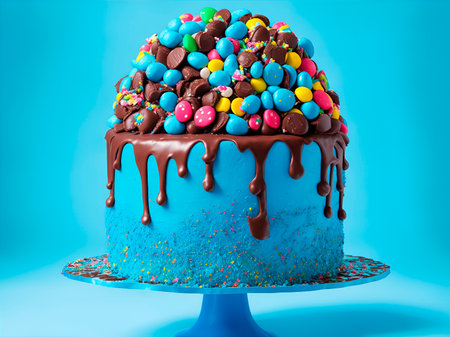 A birthday cake decorated in blue and chocolate with a lot of candies on a blue background with copy spaceの素材