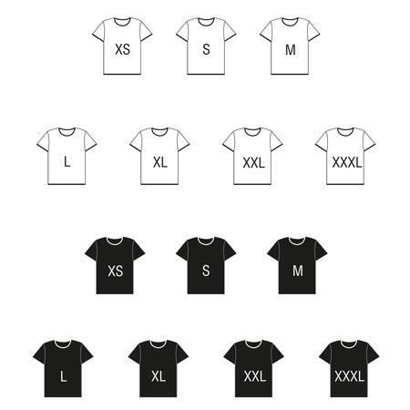Black and white t-shirts with sizes isolated on a white backgroundのイラスト素材