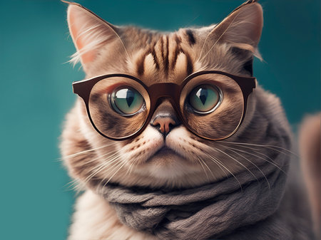 A domestic cat with eyeglasses looking to the camera on a green backgroundの素材