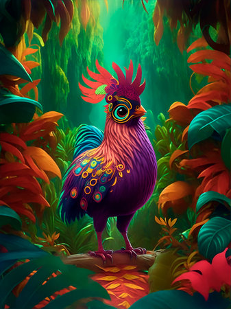 A fantasy colored rooster standing in a forest with colored trees and leavesの素材