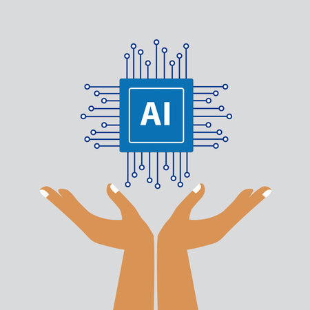 Two hands holding an AI logo on a gray background with copy space