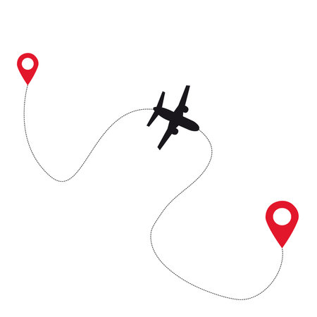 A flight trace with an airplane and location marks on a white background with copy spaceのイラスト素材