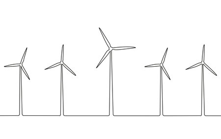 Five wind turbines on a white background with copy spaceのイラスト素材
