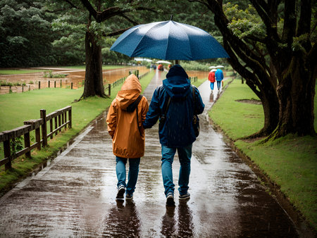 A young couple with holding hands walking through a park in a rainy dayの素材