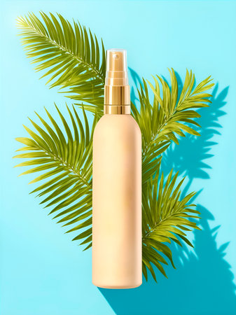 A blank sprayer bottle on green leaves and on a light blue backgroundの素材