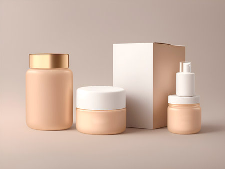 Three moisturizer cream bottles on a brown background with copy spaceの素材