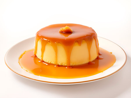 A custard pudding on a white ceramic plate on a black background in a top viewの素材