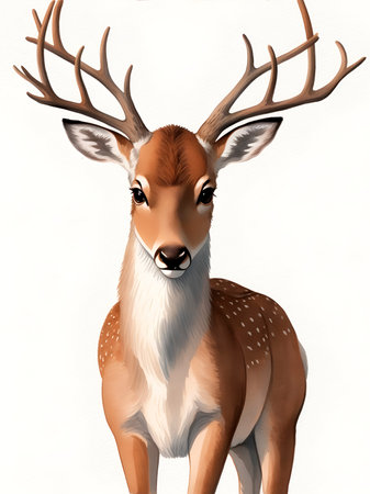 Draw of a deer in a front view on a white backgroundの素材