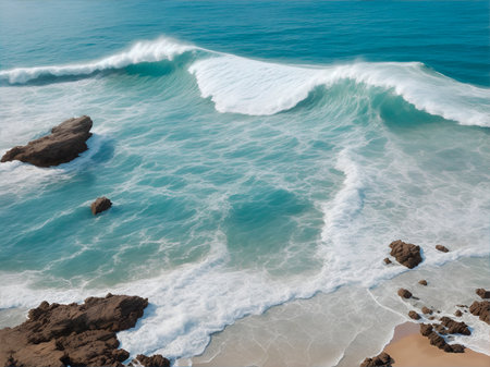 Big waves in a beach with sand and rocks in a top viewの素材