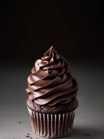 A cupcake with chocolate cream on a dark backgroundの素材