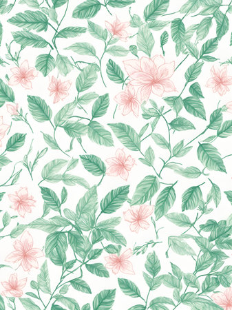 Pink flowers with green leaves on a white backgroundの素材