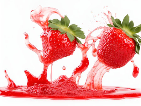 Two strawberries splashing in a strawberry juice on a white backgroundの素材