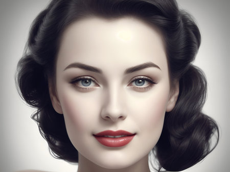 Woman face with red lips pin up style in a close up viewの素材