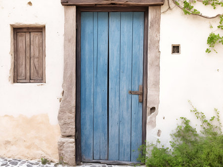 A wooden blue door in the front of a house with plantsの素材