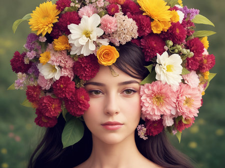 Portrait of a woman with a flower arrangement on her headの素材
