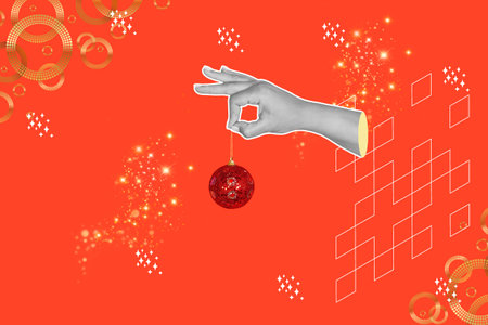 Collage of a woman hand holding a red christmas ball ornament on a red background with sparks and starsの写真素材