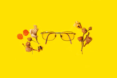 Eyeglasses with dry leaves and flowers on a yellow background with copy spaceの写真素材
