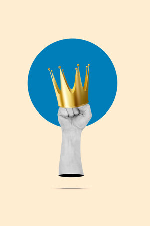 A fist with a golden crown on a beige background with a blue circleの写真素材
