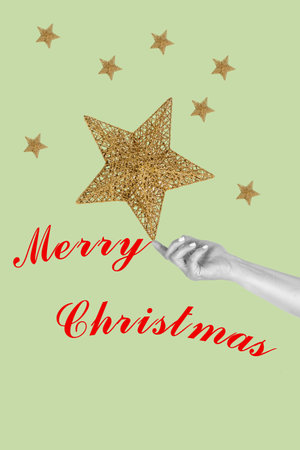 Christmas collage of a woman hand holding with her finger a golden star on a green background
