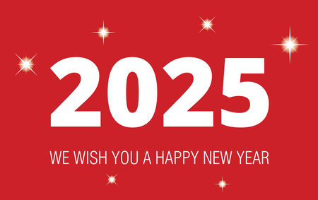 Happy 2025 new year banner with white stars on a red background