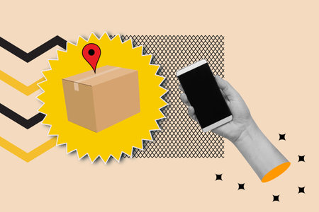 Woman hand holding a smartphone and a cardboard box with a location icon on a geometric shape...