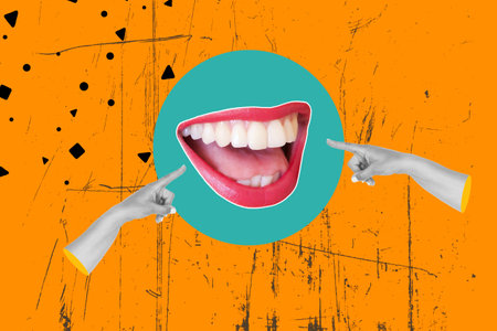 Two woman hands pointing a smiling woman mouth with red lipstick on a turquoise circle on a...
