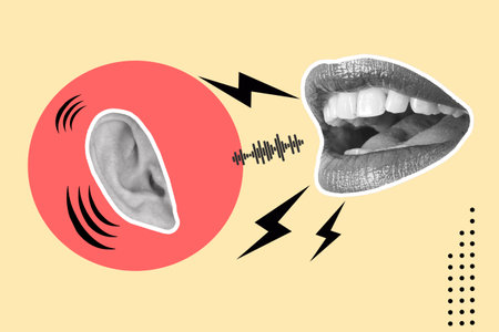 Collage of a woman mouth shouting to an ear on a red circle on a yellow background with copy space