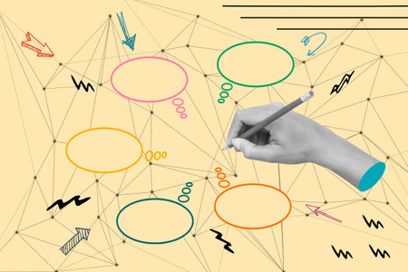 Collage of a woman hand writing with a pencil on a yellow background with colored thinking bubblesの写真素材