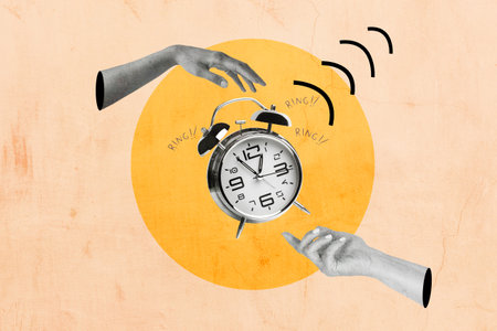 Woman hands with an old alarm clock on an orange circle with alarm sound drawing