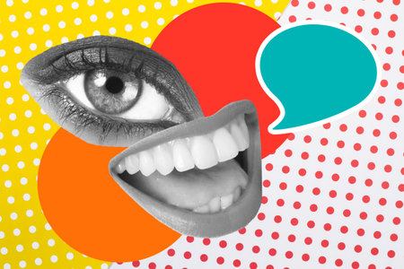Collage of a woman open mouth and an eye with a speech bubble on a colored backgroundの写真素材