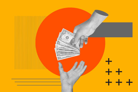 Collage of Man hand giving money to a other man hand in asking gesture on an orange circle on a yellow backgroundの写真素材