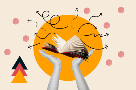 Collage of woman hand and an open book on an orange circle on beige background with circles, arrows and trianglesの写真素材