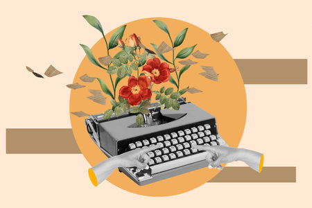 Collage of a vintage typewriter with two hands typing and flowers on an orange circle