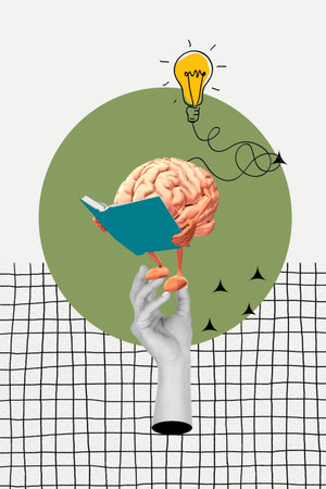 Collage of a hand holding a brain with legs reading a book on a green circle with a light bulbの写真素材