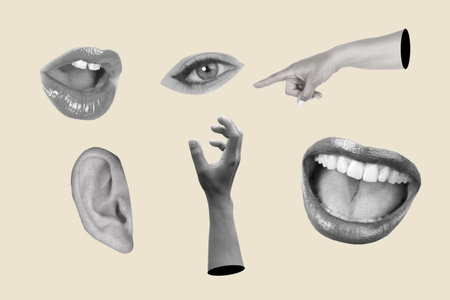 Black and white woman hands, mouths, eye and ear isolated on a beige backgroundの写真素材