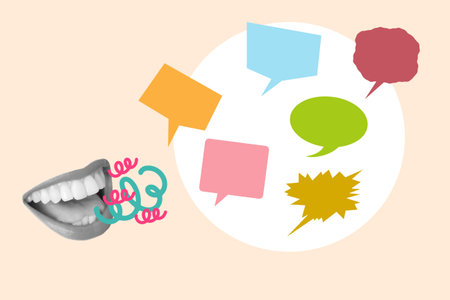 Collage of a mouth doing speaking gesture with blank colored speech bubbles on a white circle on a beige backgroundの写真素材