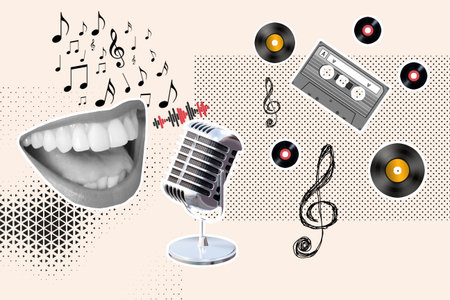 Collage of a woman open mouth and a vintage microphone on a background with a cassette, vinyls and musical notesの写真素材