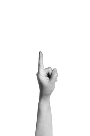 Woman hand pointing up isolated on a white background with copy spaceの写真素材