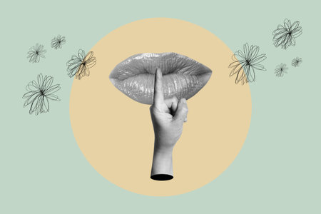Collage of a woman mouth and a woman hand in asking silence gesture on a beige circle on a green pastel background with flowersの写真素材