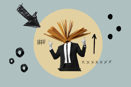 Collage of a man with an open book in the head and fingers pointing upwards on a beige circle on a gray background with circles and arrowsの写真素材