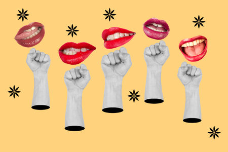 Collage of five hands and five mouths on an orange backgroundの写真素材