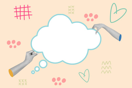 Collage of hands holding a speech bubble on a pink background with hearts and dotsの写真素材