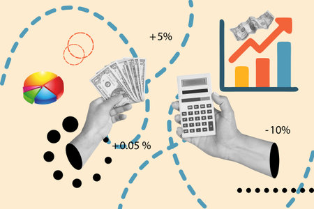 Collage of a man hand holding dollar bills and a woman hand holding a calculator on a pink background with a bar chartの写真素材
