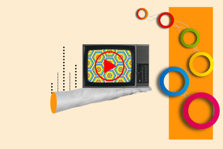 Collage of a woman hand holding a vintage television on a pink background with colored circles