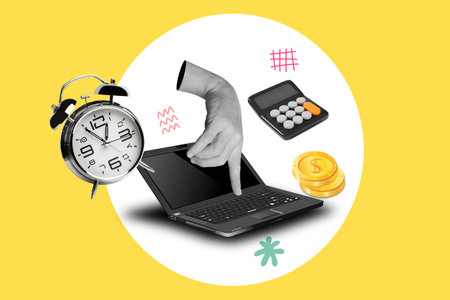 Collage of a man hand showing a laptop on a white circle with a calculator, an alarm clock and dollar coins on a yellow backgroundの写真素材